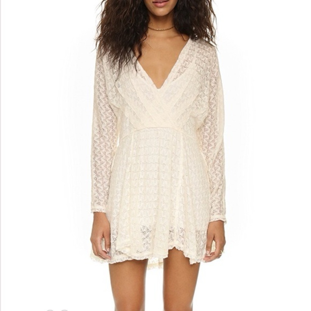 Free People Cream Lace V-Neck Long Sleeve Mini Dress